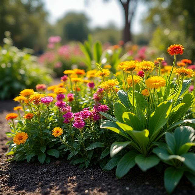Newly planted, vibrant tropical garden bed thriving under the Florida sun