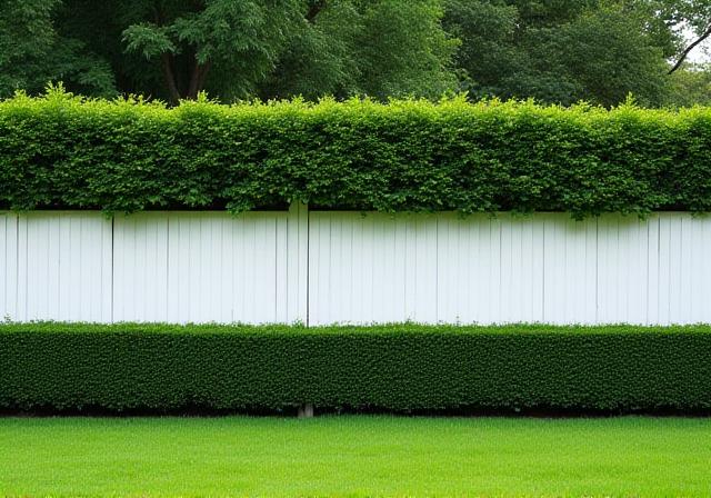 Perfectly sculpted hedges along a pristine white fence line